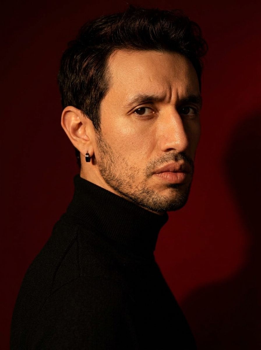 Brayan Jackson, retrato editorial sobre fondo rojo